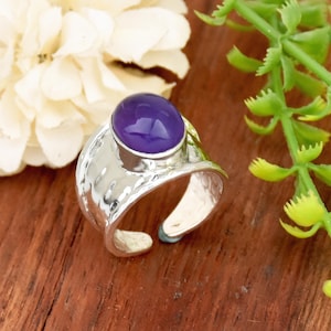 Natural Amethyst Ring 925 Silver Ring Adjustable Ring Statement Ring Birthstone Ring Hammered Ring, Boho Ring, Anniversary Ring Gift For Her