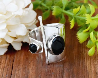 Anillo de plata de ley con ónix negro: Anillo ajustable estilo boho hecho a mano