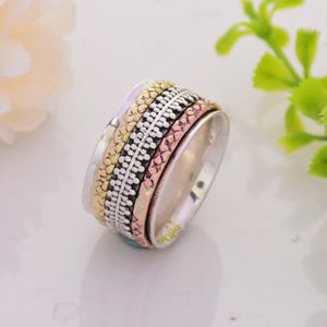 Sterling Silver Fidget Spinner Ring: Boho Textured Band, Meditation Anxiety Ring
