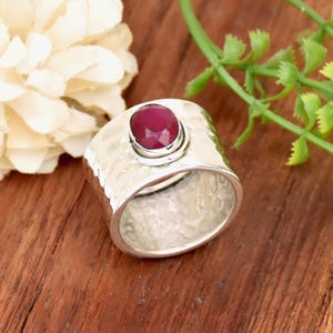 Indian Ruby Ring, 925 Sterling Silver Ring, Handmade Ring, Wide Band Ring, Birthstone Ring, Hammered Ring, Wide Band Ring, Ruby Wedding Ring