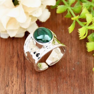 Malachite Ring: Hammered Sterling Silver Wide Band Boho Ring