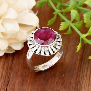 Indian Ruby Ring: 925 Sterling Silver Round gemstone, July Birthstone Gift