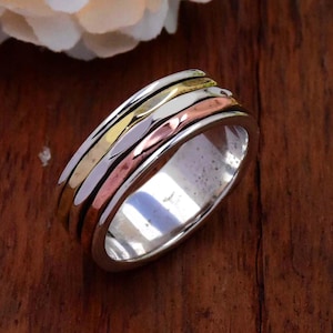 Sterling Silver Spinner Ring: Hammered Two-Tone Meditation Band