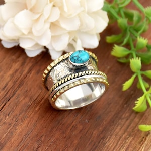 Turquoise Spinner Ring: Sterling Silver Flower Band, Boho Anxiety Ring