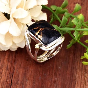 Può includere: Un anello d'argento con una pietra preziosa nera e dorata incastonata in una lunetta rettangolare. L'anello ha una fascia attorcigliata e un accento dorato.