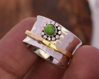 Green Copper Turquoise Spinner Ring: 925 Sterling Silver Wide Band, Hammered Ring