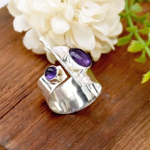 Natural Amethyst Ring, 925 Sterling Silver Ring, Adjustable Ring, Statement Ring, February Birthstone Ring Wide Band Ring, Gift for Women