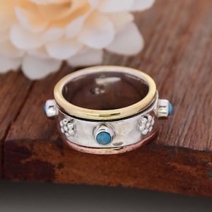 Blue Turquoise Sterling Silver Spinner Ring: Filigree Two-Tone Band