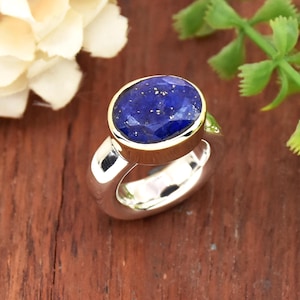 Natürlicher Lapis Lazuli Ring: 925 Sterling Silber Dickes Band