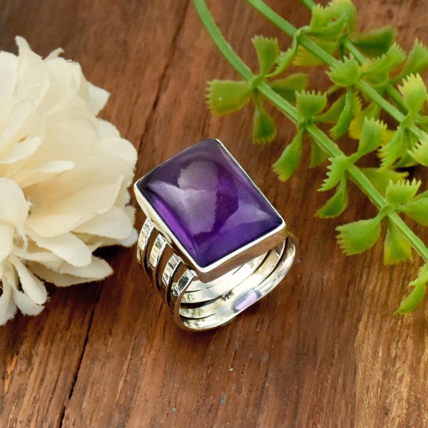 Anel de Prata de Lei 925 com Ametista Natural - Anel Boho de Quatro Aros