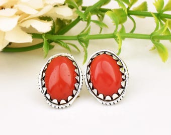 Red Coral Stud Earrings: Handmade 925 Sterling Silver Filigree