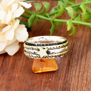 Sterling Silver Star Spinner Ring: Two-Tone Worry Ring, 8mm Band