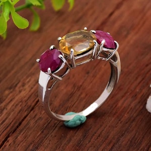 Citrin Rubin Ring: Ovaler Edelstein, 925 Sterling Silber