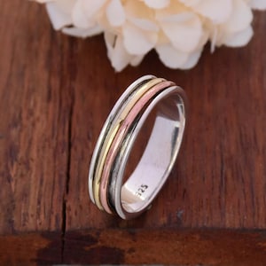 Bague en argent 925, bague de mariage, bague minimaliste, bague bicolore, bague fidget, bague de méditation tricolore, bague populaire