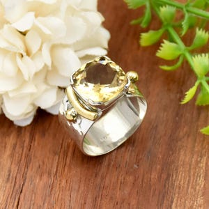 Cushion Citrine Ring: Hammered Sterling Silver & Brass Wide Band