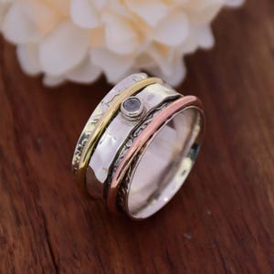 Blue Topaz Spinner Ring, 925 Sterling Silver Ring, Meditation Ring Wide Band Ring, Textured Ring, Two Tone Ring, Bohemian Ring, Gift For Her