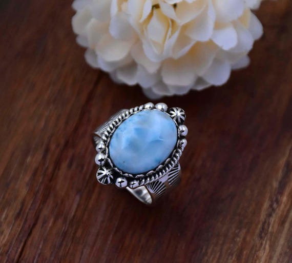 Natural Oval Larimar Sterling Silver Ring For Women & Men – 925 Silver Filigree Chunky Statement Ring, Dominican Gemstone Gift - View #9