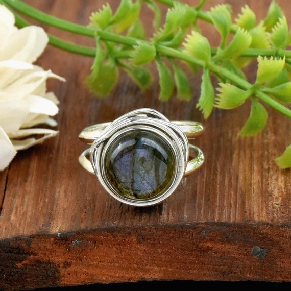 Blue Labradorite Ring: Sterling Silver Wire Wrap, Round Gemstone