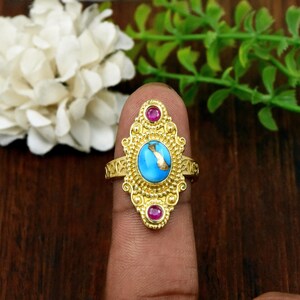 Purple Dahlia Turquoise Ring with Ruby, 18k Gold Vermeil Statement Ring, Vintage Filigree Jewelry