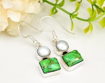 Green Copper Turquoise & Pearl Earrings: Handmade 925 Sterling Silver Dangles