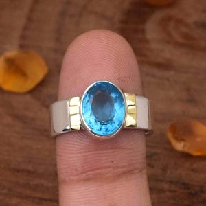 Blue Topaz Ring, 925 Sterling Silver Ring Statement Ring Bohemian Ring womens Ring Anniversary Ring, Two Tone Ring Wedding Ring Gift For Her