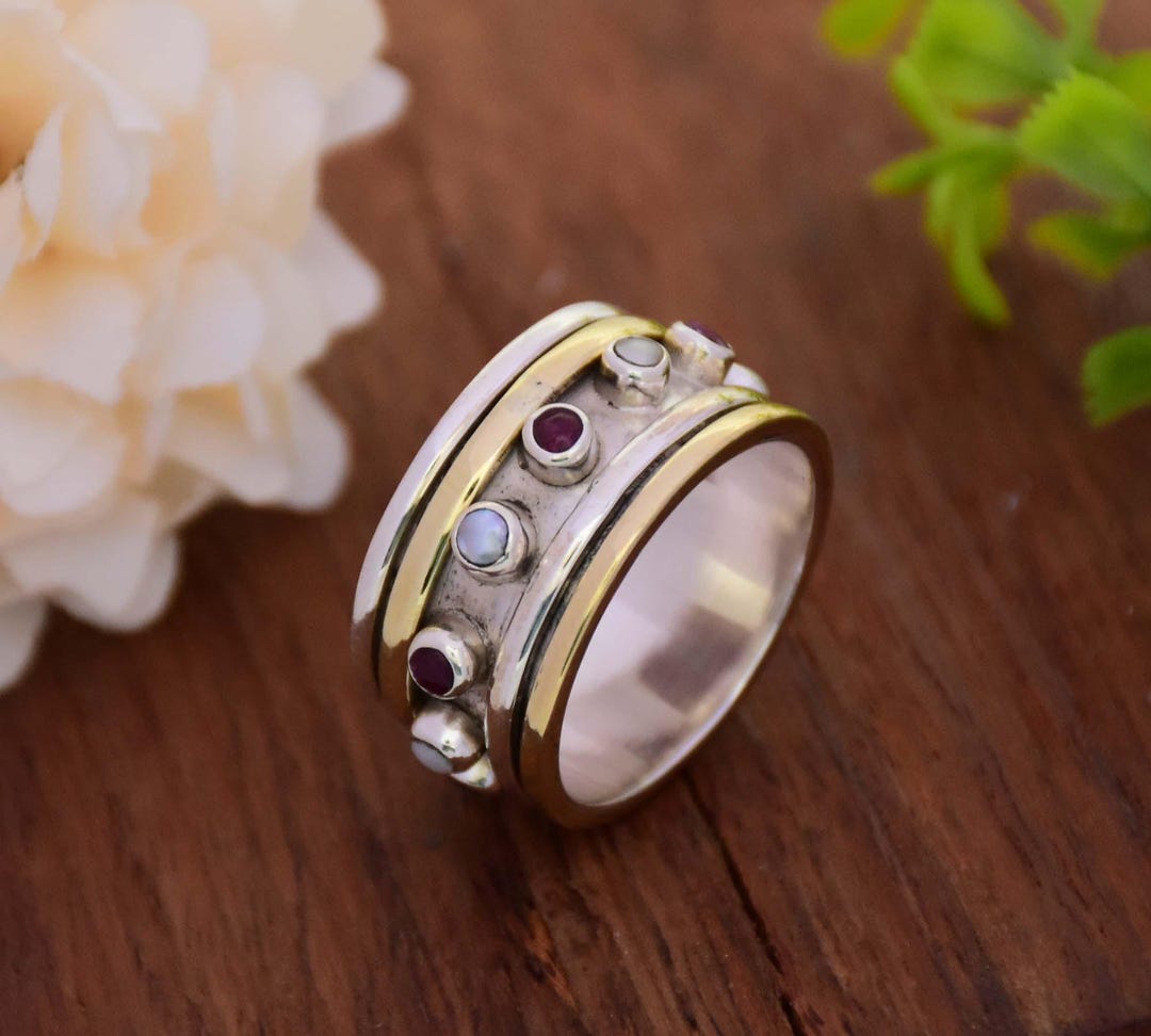 Rubymotion Spinner Rings Ruby Pearl Sterling Silver Spinner Ring: Two-tone Meditation Band - Etsy