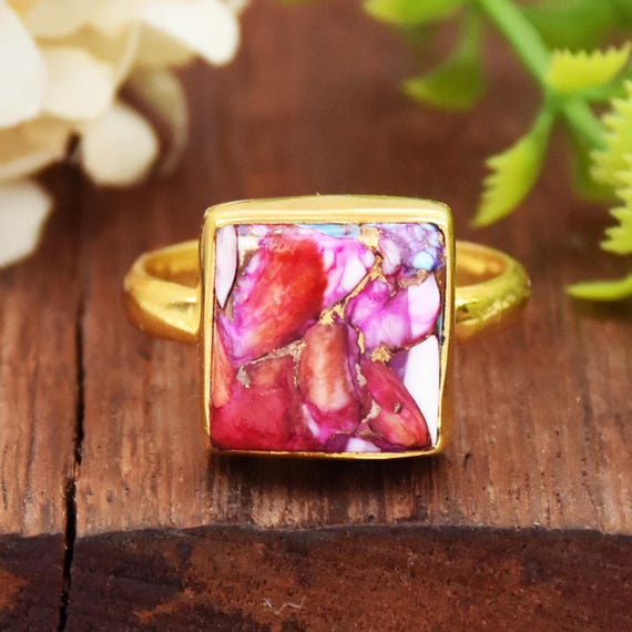 Handmade Cushion Pink Oyster Turquoise Ring: 925 Sterling Silver