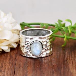 Moonstone Womens Ring 925 Sterling Silver Ring, June Birthstone hammered Ring Boho Ring, Statement Ring Wide Ring Handmade Ring Gift For her