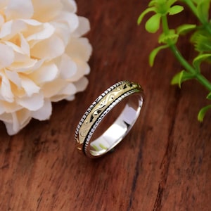 Narrow Spinner Ring, 925 Sterling Silver Ring, Meditation Ring, Anxiety Ring, Two Tone Ring, Textured Ring, Minimalist Ring, Gift For Her