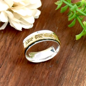 Peut inclure: Une bague argentée et dorée avec un motif d'ours. La bague présente un anneau argenté avec un anneau doré orné de trois silhouettes d'ours. La bague est posée sur une surface en bois.
