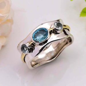 Blue Topaz Ring, 925 Sterling Silver Ring Statement Ring Bohemian Ring womens Ring Anniversary Ring, Two Tone Ring Wedding Ring Gift For Her