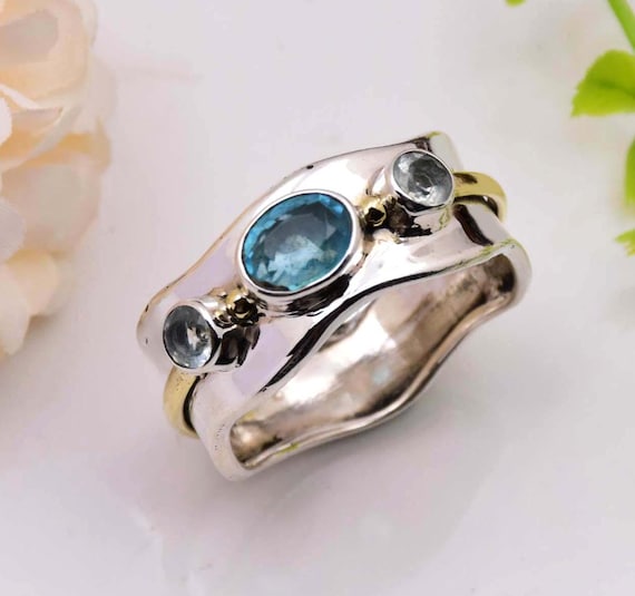 Teardrop Blue Topaz Ring Wavy S Design Band 2-stone Sterling Silver Teardrop Blue Topaz Ring Wavy S Design Band 2-stone Sterling Silver