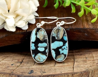 Black Jack Turquoise Earrings- 925 Sterling Silver- Oval Dangle Drop- handmade Boho Jewelry