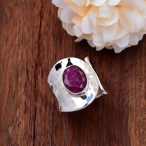 Indian Ruby Sterling Silver Ring: Hammered Wide Band, Adjustable