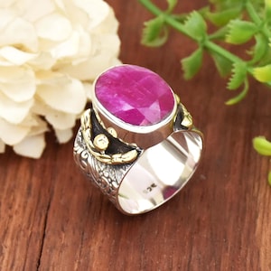 Indian Ruby Ring, 925 Sterling Silver Ring, Wide Band Ring, Floral Band Ring Two Tone Ring Bohemian Ring Oval Gemstone Ring Birthstone Ring