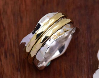 Spinnerring, 925 sterlingzilveren ring, tweekleurige ring, meditatiering, mix metalen spinnerring, zigzagbandring gehamerde ring, cadeau voor haar