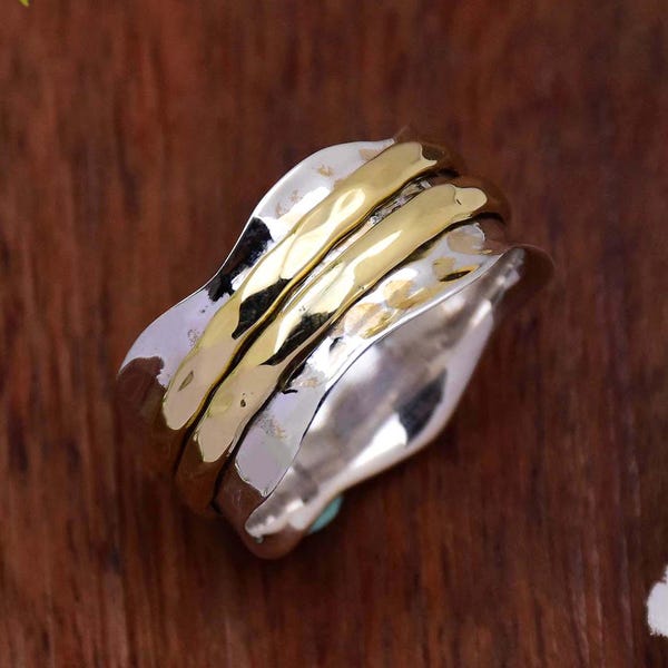 Anillo giratorio de plata de ley: banda de meditación de dos tonos, zigzag martillado