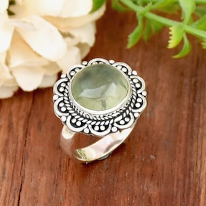 Natural Prehnite Ring 925 Sterling Silver Ring Filigree Ring Statement Ring, Prehnite Ring Round Gemstone Ring Anniversary Ring Gift For Her