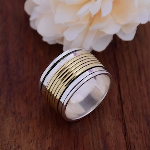 Sterling Silver Spinner Ring: Two-Tone Wide Band Meditation Ring