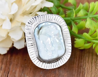 Raw Pearl Sterling Silver Ring: Textured Bohemian Statement Ring