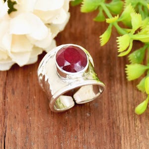 Oval Indian Ruby Ring: Hammered Sterling Silver Wide Band