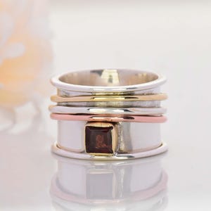 Garnet Sterling Silver Spinner Ring: Wide Band Meditation Ring