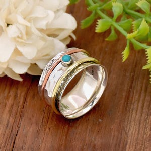 Turquoise Spinner Ring: Sterling Silver Floral Band, Boho Anxiety Ring