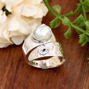 Moonstone Adjustable Ring, 925 Silver Handmade Ring, Hammered Ring, Boho Ring Anniversary Ring, June Birthstone Jewelry Wedding Gift For Her
