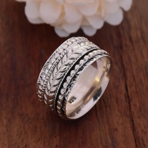 Textured Sterling Silver Spinner Ring: Meditation Fidget Worry Ring