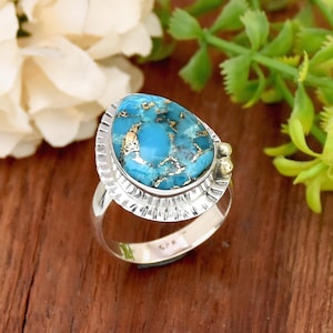 Blue Copper Turquoise Ring: 925 Sterling Silver Teardrop Filigree