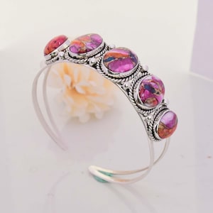 Pink Oyster Turquoise Bangle: Adjustable 925 Sterling Silver Cuff