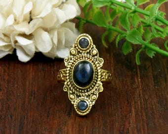 Natural Labradorite Gemstone Ring, 18k Gold Vermeil Filigree Ring, Antique Style Boho Jewelry