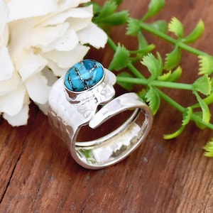 Blue Copper Turquoise Ring: Hammered Sterling Silver Adjustable Band