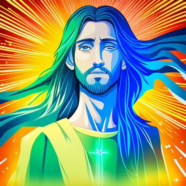 Jesus Christ .Jesus Art. Ai Generated Image with Low Quality.One Image of Jesus.Jesus Christ in Raibow colors.Eternal Love of Jesus Christ.